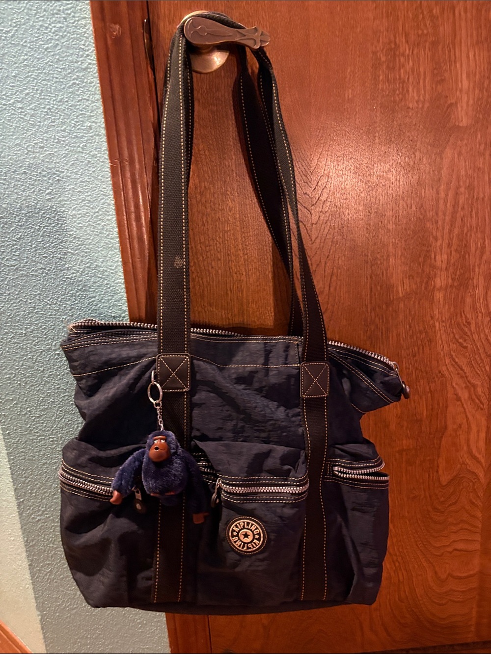 Kipling Dark Navy Nylon Tote with Monkey Keychain